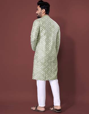 PISTA GREEN HEAVY EMBROIDERY WHITE THREAD WORK MENS KURTA PAJAMA SET 4