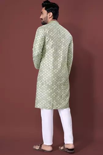 PISTA GREEN HEAVY EMBROIDERY WHITE THREAD WORK MENS KURTA PAJAMA SET