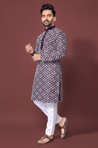 PURPLE HEAVY EMBROIDERY WHITE THREAD WORK MENS KURTA PAJAMA SET
