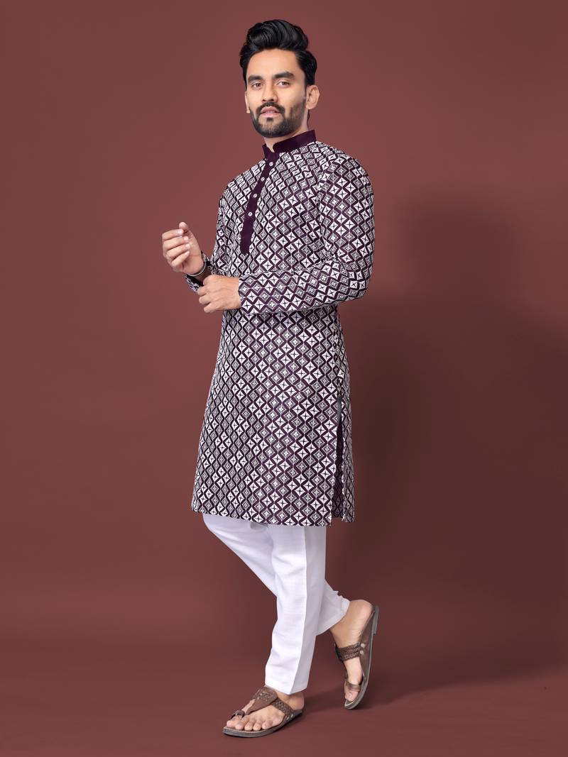 PURPLE HEAVY EMBROIDERY WHITE THREAD WORK MENS KURTA PAJAMA SET