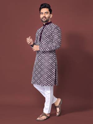 PURPLE HEAVY EMBROIDERY WHITE THREAD WORK MENS KURTA PAJAMA SET 1
