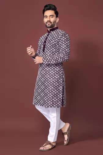 PURPLE HEAVY EMBROIDERY WHITE THREAD WORK MENS KURTA PAJAMA SET
