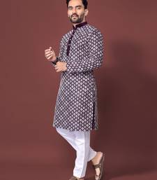 PURPLE HEAVY EMBROIDERY WHITE THREAD WORK MENS KURTA PAJAMA SET