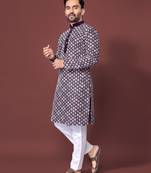 PURPLE HEAVY EMBROIDERY WHITE THREAD WORK MENS KURTA PAJAMA SET