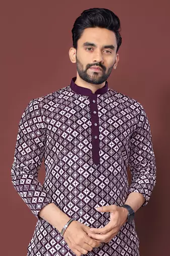 PURPLE HEAVY EMBROIDERY WHITE THREAD WORK MENS KURTA PAJAMA SET