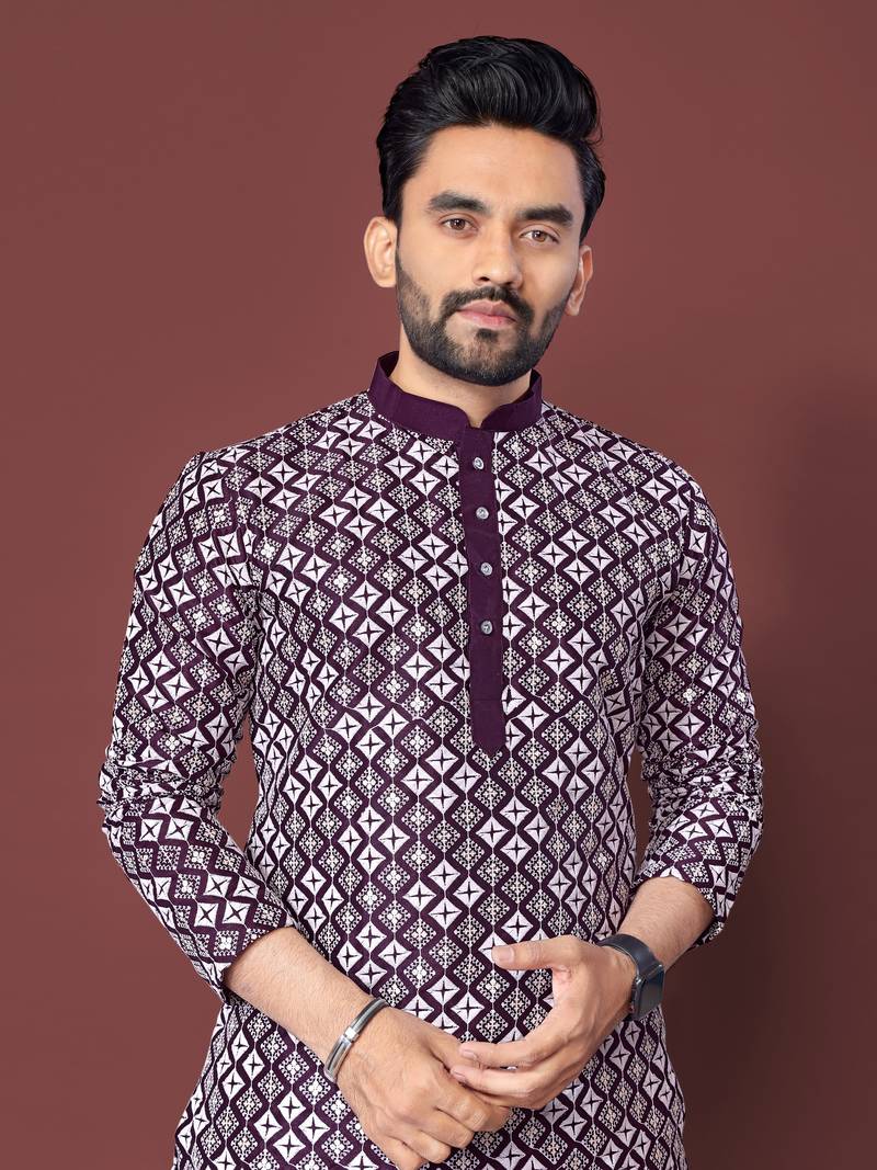 PURPLE HEAVY EMBROIDERY WHITE THREAD WORK MENS KURTA PAJAMA SET