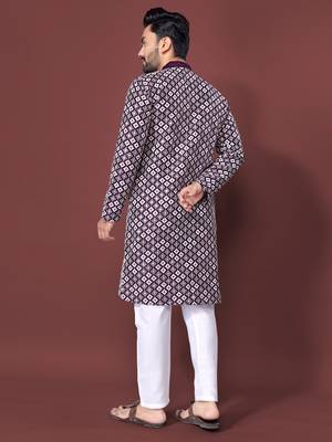 PURPLE HEAVY EMBROIDERY WHITE THREAD WORK MENS KURTA PAJAMA SET 3
