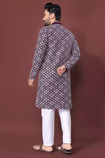 PURPLE HEAVY EMBROIDERY WHITE THREAD WORK MENS KURTA PAJAMA SET