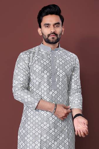GREY HEAVY EMBROIDERY WHITE THREAD WORK MENS KURTA PAJAMA SET