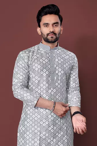 GREY HEAVY EMBROIDERY WHITE THREAD WORK MENS KURTA PAJAMA SET