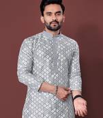 GREY HEAVY EMBROIDERY WHITE THREAD WORK MENS KURTA PAJAMA SET