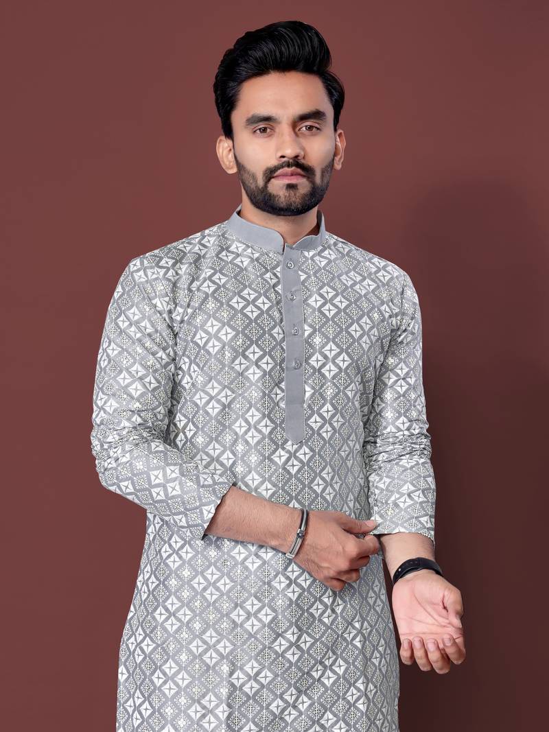 GREY HEAVY EMBROIDERY WHITE THREAD WORK MENS KURTA PAJAMA SET