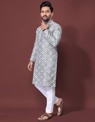 GREY HEAVY EMBROIDERY WHITE THREAD WORK MENS KURTA PAJAMA SET 2