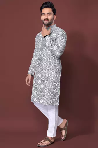GREY HEAVY EMBROIDERY WHITE THREAD WORK MENS KURTA PAJAMA SET
