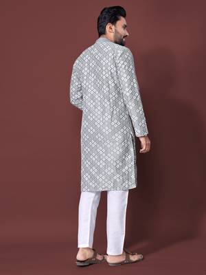 GREY HEAVY EMBROIDERY WHITE THREAD WORK MENS KURTA PAJAMA SET 3