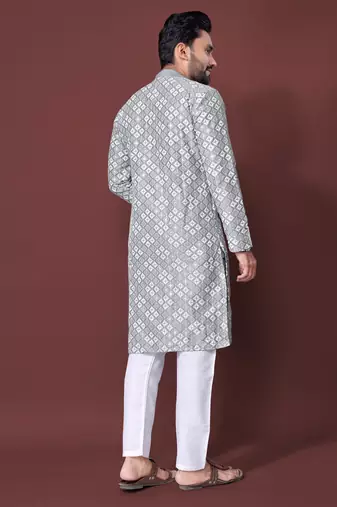 GREY HEAVY EMBROIDERY WHITE THREAD WORK MENS KURTA PAJAMA SET