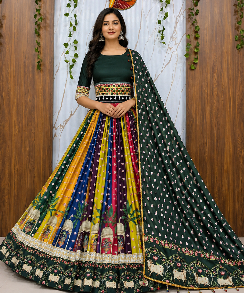 Muslin Cotton Chaniya Choli Set With Mirror Work And Pompom Lace