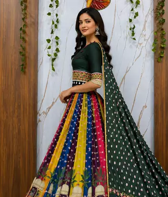 Muslin Cotton Chaniya Choli Set With Mirror Work And Pompom Lace