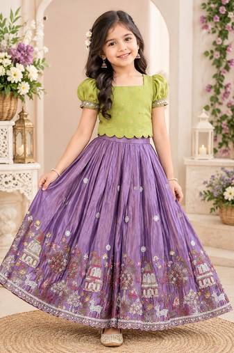 Lavender viscose tissue with beads and moti work kids lehenga choli