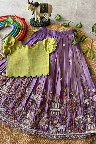 Lavender viscose tissue with beads and moti work kids lehenga choli
