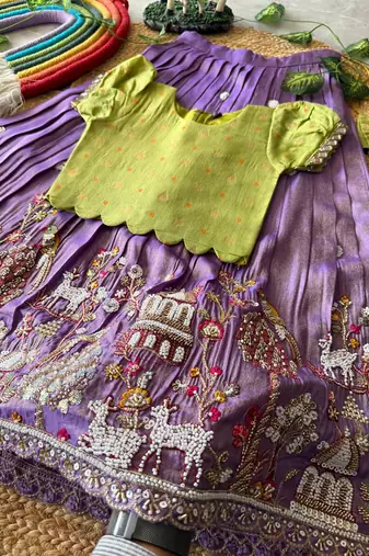 Lavender viscose tissue with beads and moti work kids lehenga choli