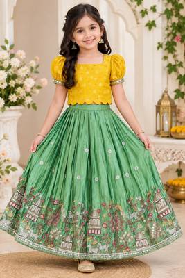Seagreen viscose tissue with beads and moti work kids lehenga choli 1