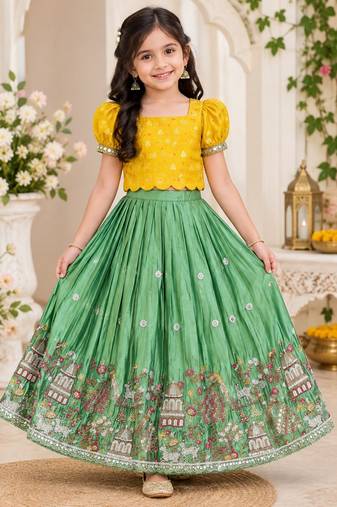 Seagreen viscose tissue with beads and moti work kids lehenga choli