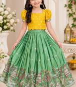 Seagreen viscose tissue with beads and moti work kids lehenga choli