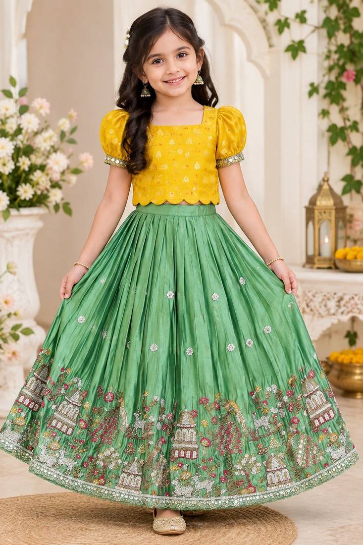 Seagreen viscose tissue with beads and moti work kids lehenga choli