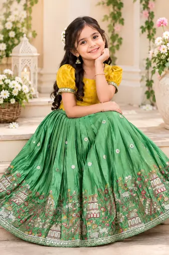 Seagreen viscose tissue with beads and moti work kids lehenga choli
