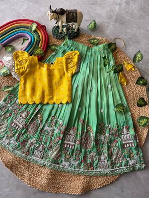 Seagreen viscose tissue with beads and moti work kids lehenga choli 3
