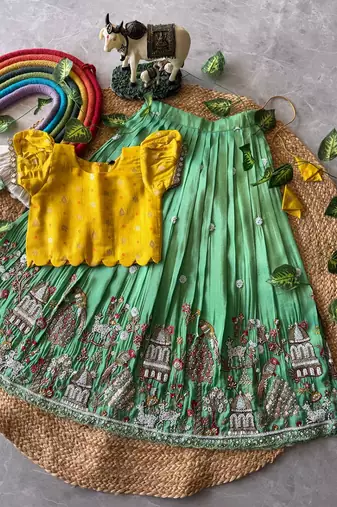 Seagreen viscose tissue with beads and moti work kids lehenga choli