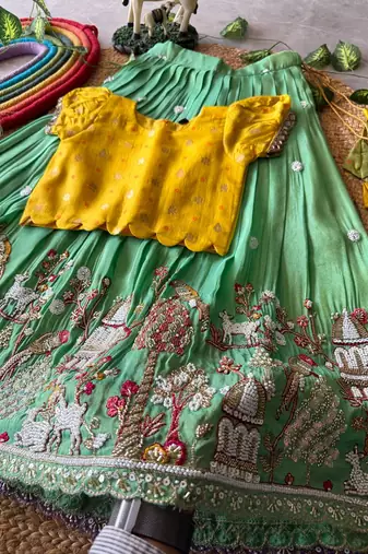 Seagreen viscose tissue with beads and moti work kids lehenga choli