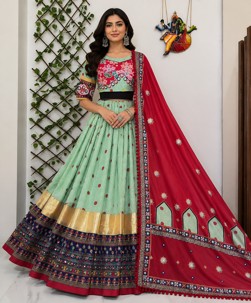 Muslin Cotton Chaniya Choli Set With Mirror Work And Lampi Lace