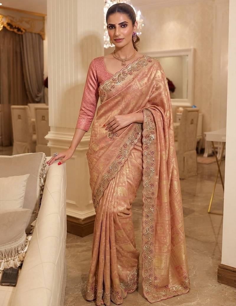 wedding wear pure kanjivarm silk blend beads work saree