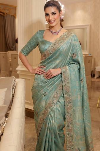 wedding wear pure kanjivarm silk blend beads work saree