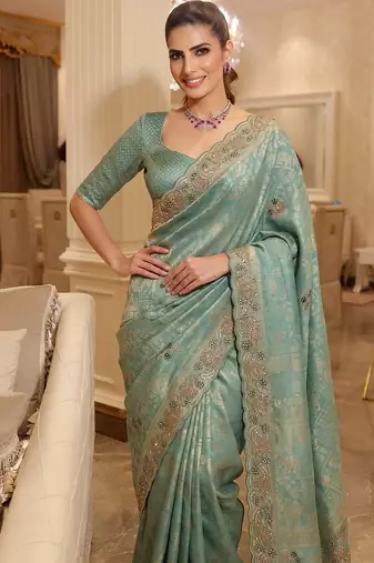 wedding wear pure kanjivarm silk blend beads work saree