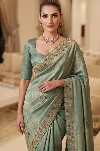 wedding wear pure kanjivarm silk blend beads work saree