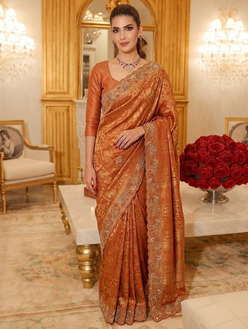 wedding wear pure kanjivarm silk blend beads work saree