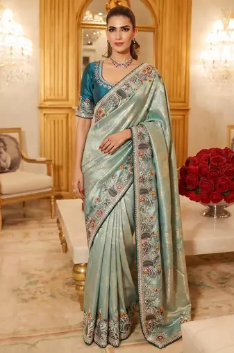 wedding wear pure kanjivarm silk blend heavy embroidery work saree