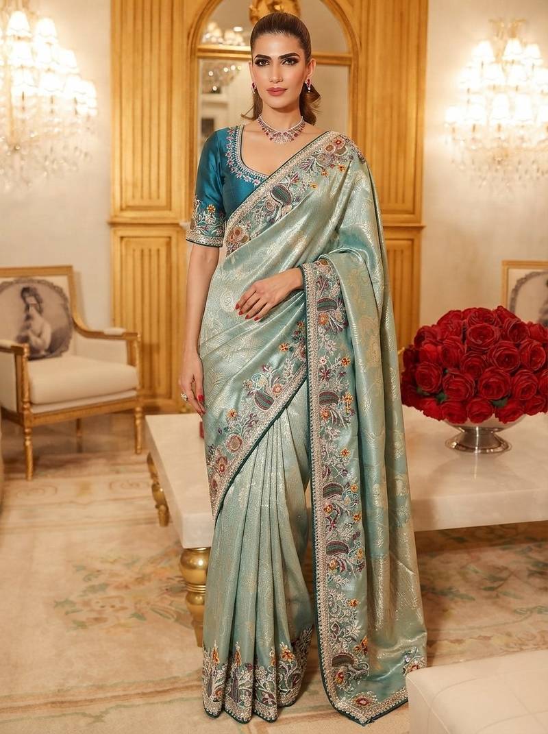 wedding wear pure kanjivarm silk blend heavy embroidery work saree