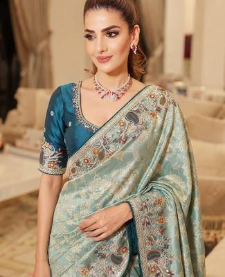 wedding wear pure kanjivarm silk blend heavy embroidery work saree 2