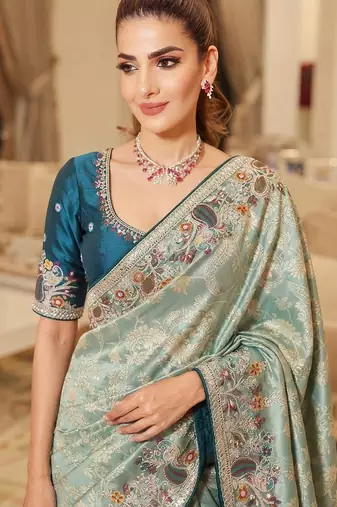 wedding wear pure kanjivarm silk blend heavy embroidery work saree