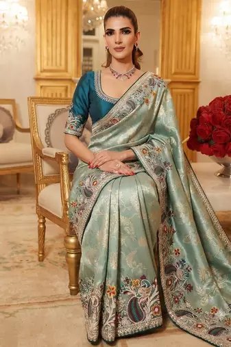 wedding wear pure kanjivarm silk blend heavy embroidery work saree