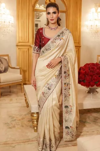 wedding wear pure kanjivarm silk blend heavy embroidery work saree