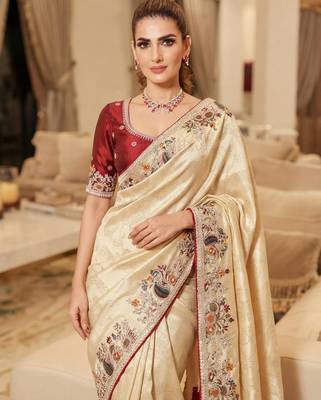 wedding wear pure kanjivarm silk blend heavy embroidery work saree 2