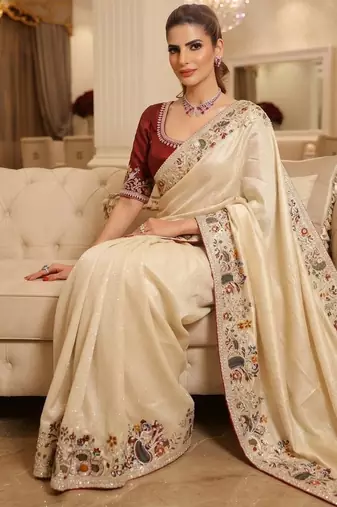 wedding wear pure kanjivarm silk blend heavy embroidery work saree
