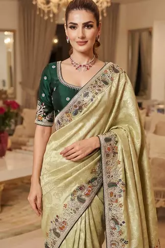 wedding wear pure kanjivarm silk blend heavy embroidery work saree