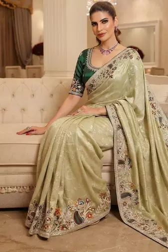 wedding wear pure kanjivarm silk blend heavy embroidery work saree