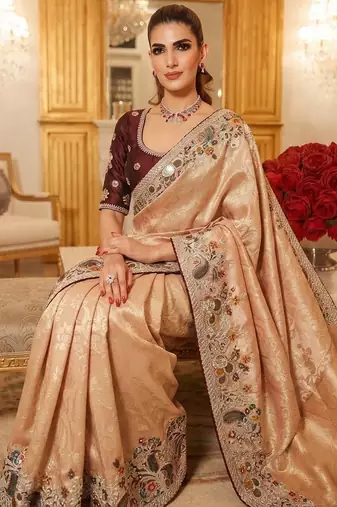 wedding wear pure kanjivarm silk blend heavy embroidery work saree